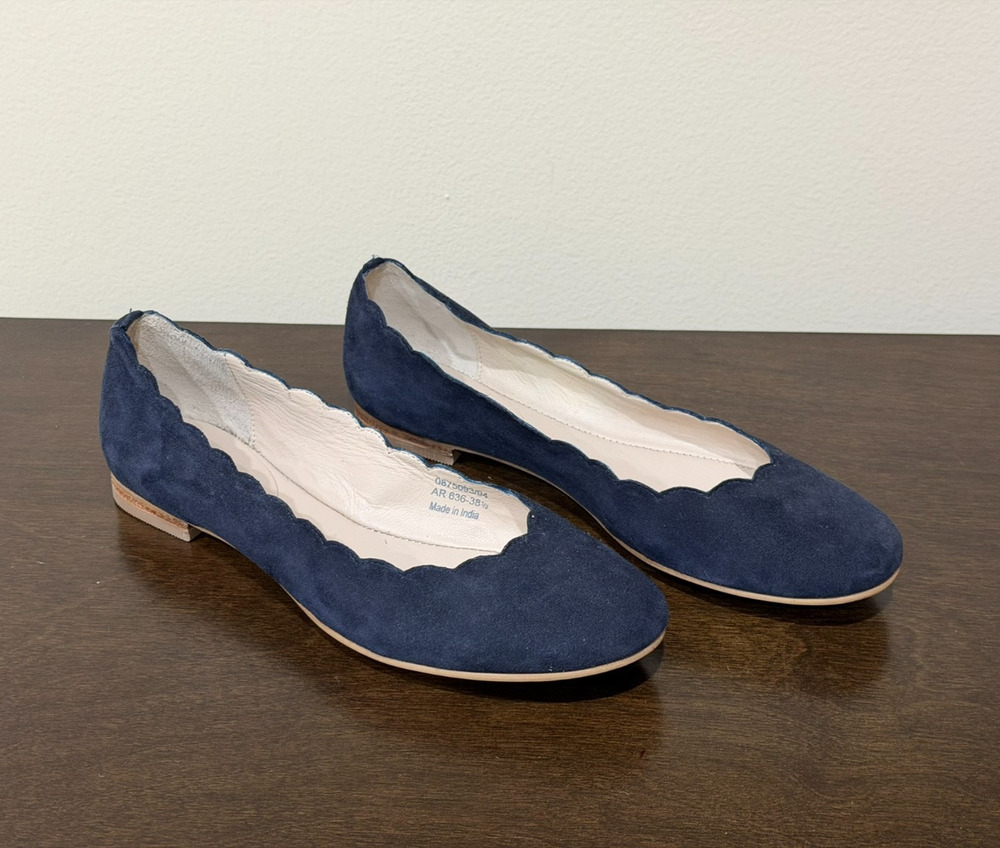 Boden Scallop Ballet Flats EU 38.5 US 8 Navy Blue Suede Preppy Parisian Core